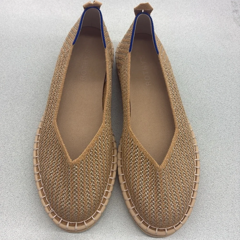 Rothy's Tan Knit Espadrille Flats with Blue Heel Trim